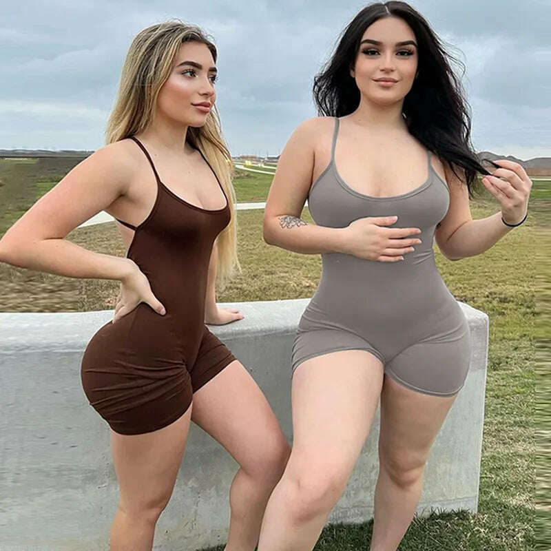 Hugcitar Solid Sleeveless Backless Ruched Sexy Bodycon Skinny Slips One Piece Playsuit Fall Women Vacation Rave Outfits Romper - KIMLUD
