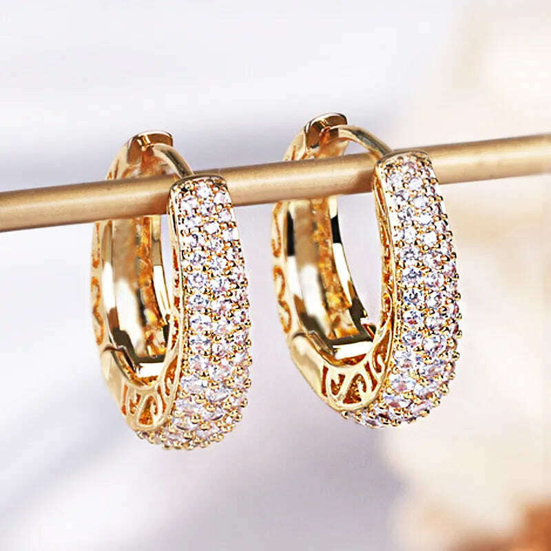 Huitan Hollow Gold Color Hoop Earrings for Women Paved Dazzling CZ Stone Luxury Trendy Female Circle Earrings Statement Jewelry - KIMLUD