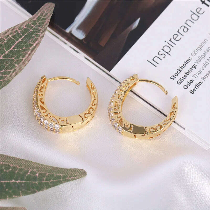 Huitan Hollow Gold Color Hoop Earrings for Women Paved Dazzling CZ Stone Luxury Trendy Female Circle Earrings Statement Jewelry - KIMLUD