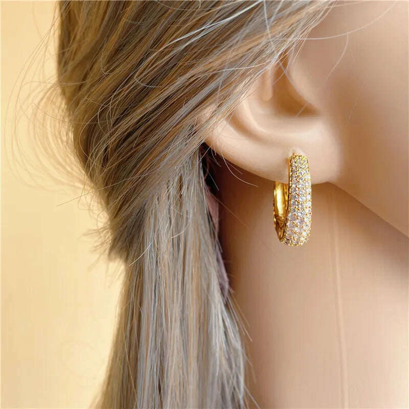 Huitan Hollow Gold Color Hoop Earrings for Women Paved Dazzling CZ Stone Luxury Trendy Female Circle Earrings Statement Jewelry - KIMLUD