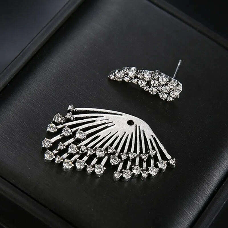 Huitan Personality Wing Shape Women Stud Earrings Brilliant Cubic Zirconia Female Wedding Earrings Silver Color Fashion Jewelry - KIMLUD