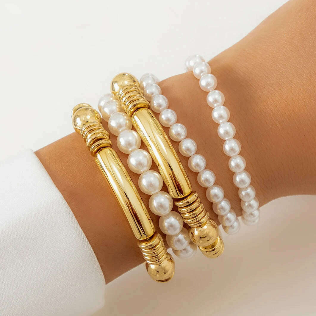 Ingemark Creative Imitation Pearl Chain Bracelets for Women Trendy Goth Bamboo Elastic Strand Beads Bangles Friends Hand Jewelry - KIMLUD