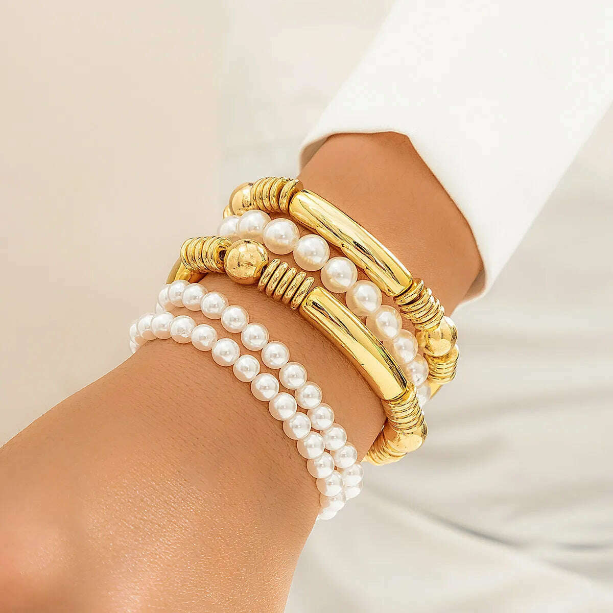 Ingemark Creative Imitation Pearl Chain Bracelets for Women Trendy Goth Bamboo Elastic Strand Beads Bangles Friends Hand Jewelry - KIMLUD