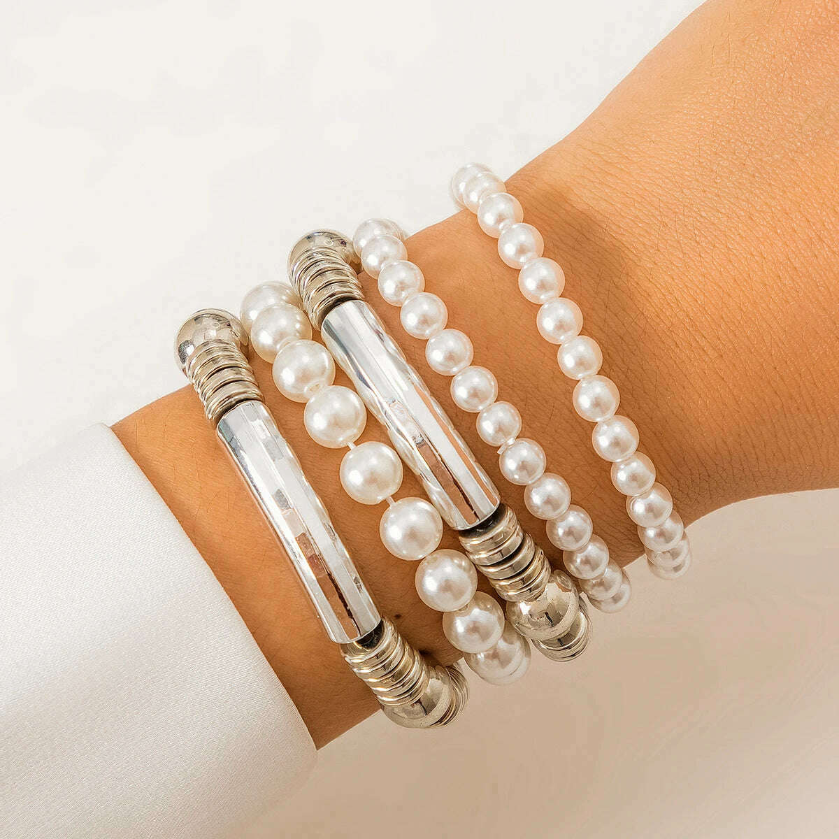 Ingemark Creative Imitation Pearl Chain Bracelets for Women Trendy Goth Bamboo Elastic Strand Beads Bangles Friends Hand Jewelry - KIMLUD