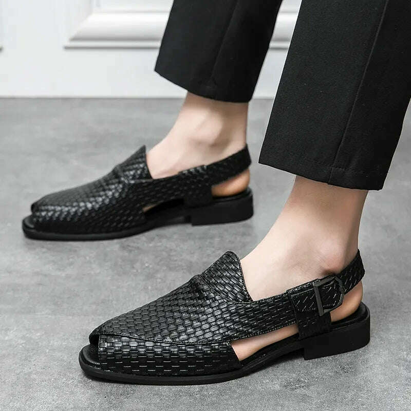 Italian Style Fashion Solid Color Leather Sandals for Men Business Dress Sandals Handmade Comfort Shoes Men Sandalias Breathable - KIMLUD