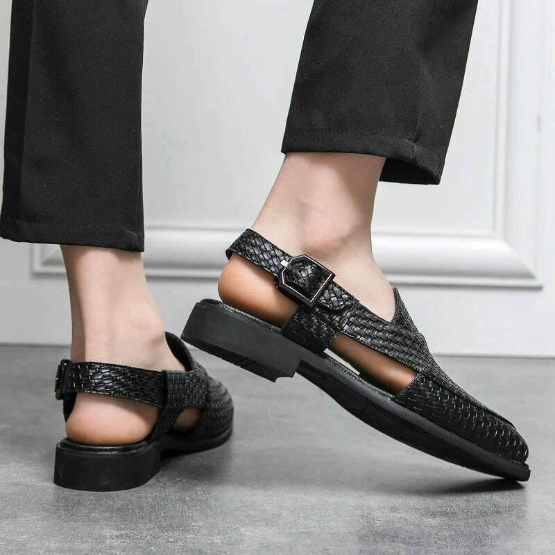 Italian Style Fashion Solid Color Leather Sandals for Men Business Dress Sandals Handmade Comfort Shoes Men Sandalias Breathable - KIMLUD