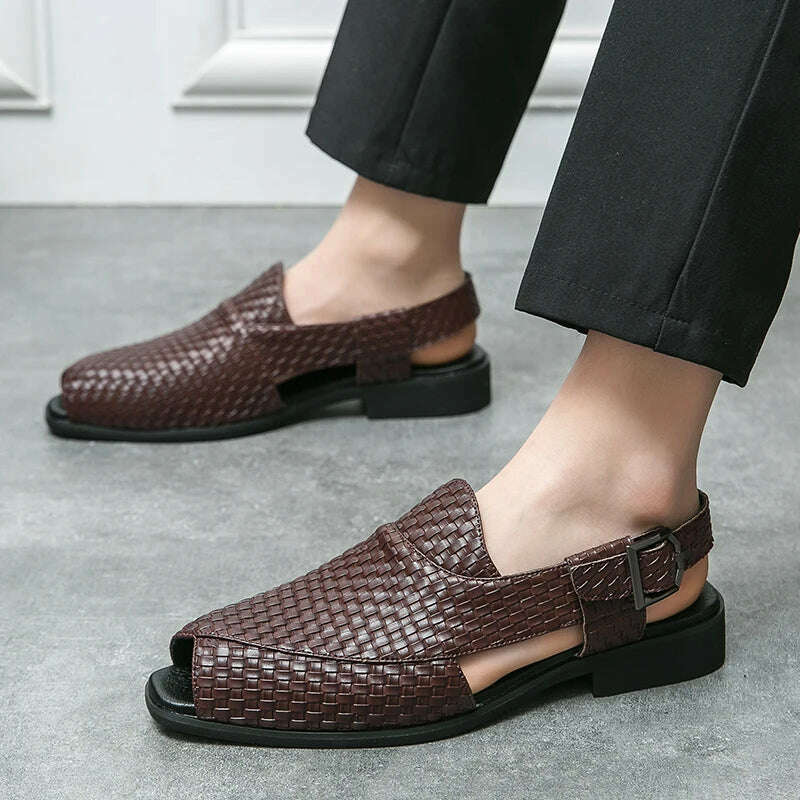 Italian Style Fashion Solid Color Leather Sandals for Men Business Dress Sandals Handmade Comfort Shoes Men Sandalias Breathable - KIMLUD