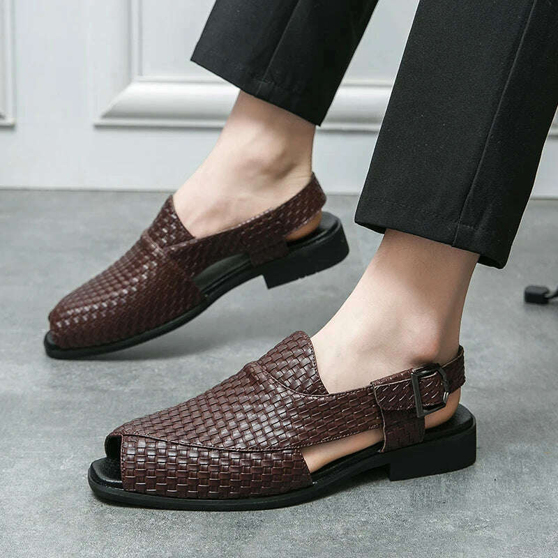 Italian Style Fashion Solid Color Leather Sandals for Men Business Dress Sandals Handmade Comfort Shoes Men Sandalias Breathable - KIMLUD