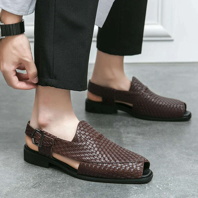 Italian Style Fashion Solid Color Leather Sandals for Men Business Dress Sandals Handmade Comfort Shoes Men Sandalias Breathable - KIMLUD