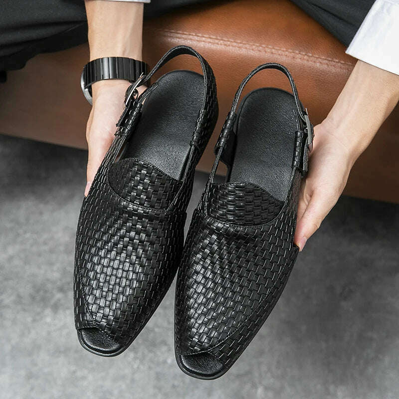 Italian Style Fashion Solid Color Leather Sandals for Men Business Dress Sandals Handmade Comfort Shoes Men Sandalias Breathable - KIMLUD