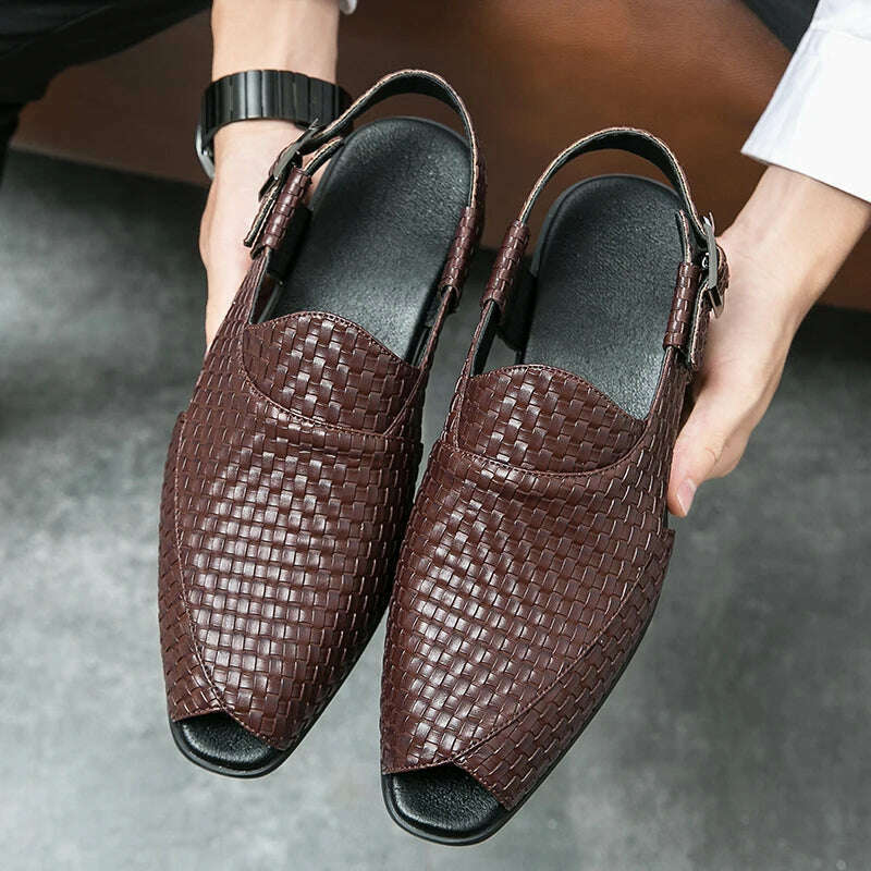 Italian Style Fashion Solid Color Leather Sandals for Men Business Dress Sandals Handmade Comfort Shoes Men Sandalias Breathable - KIMLUD