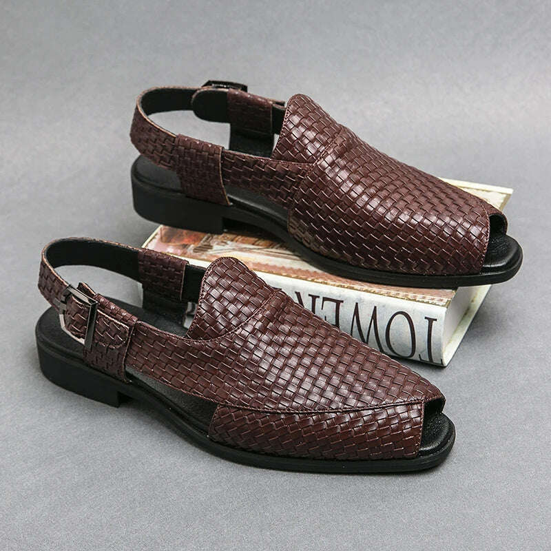 Italian Style Fashion Solid Color Leather Sandals for Men Business Dress Sandals Handmade Comfort Shoes Men Sandalias Breathable - KIMLUD