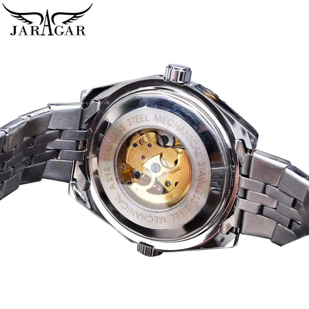 KIMLUD, Jaragar Brand Classic Automatic Mens Watch Relojes Hombre Silver Skeleton Steel Sport Business Mechanical Clock Watches Relogio, KIMLUD Womens Clothes