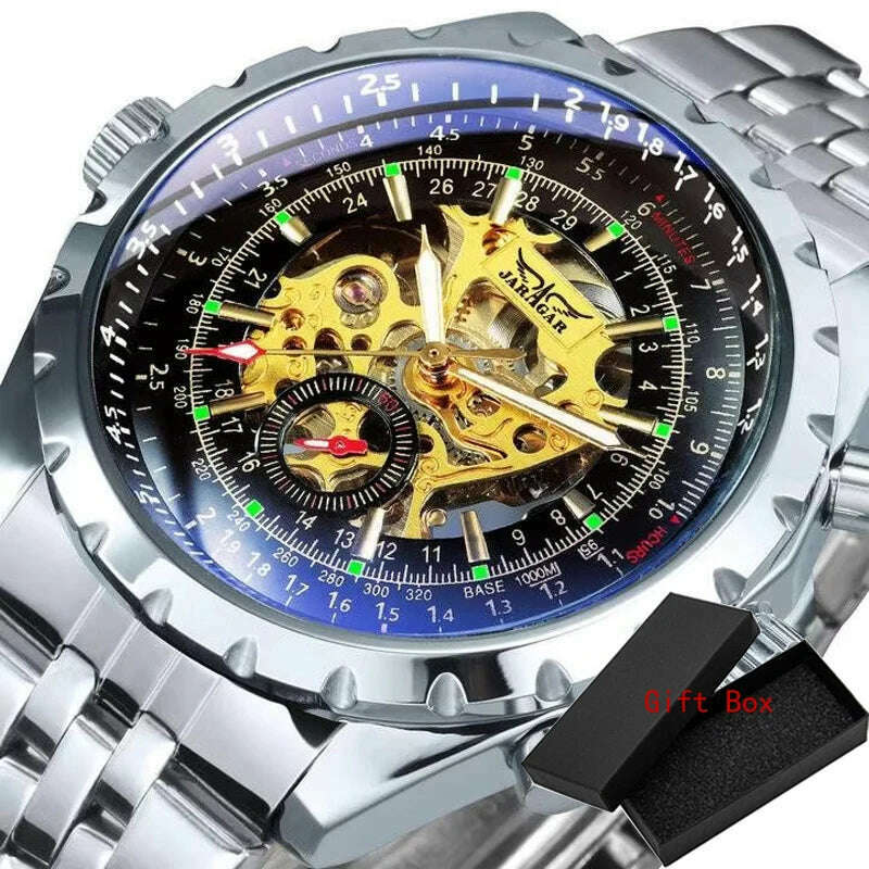 KIMLUD, Jaragar Brand Classic Automatic Mens Watch Relojes Hombre Silver Skeleton Steel Sport Business Mechanical Clock Watches Relogio, Seel Black, KIMLUD APPAREL - Womens Clothes