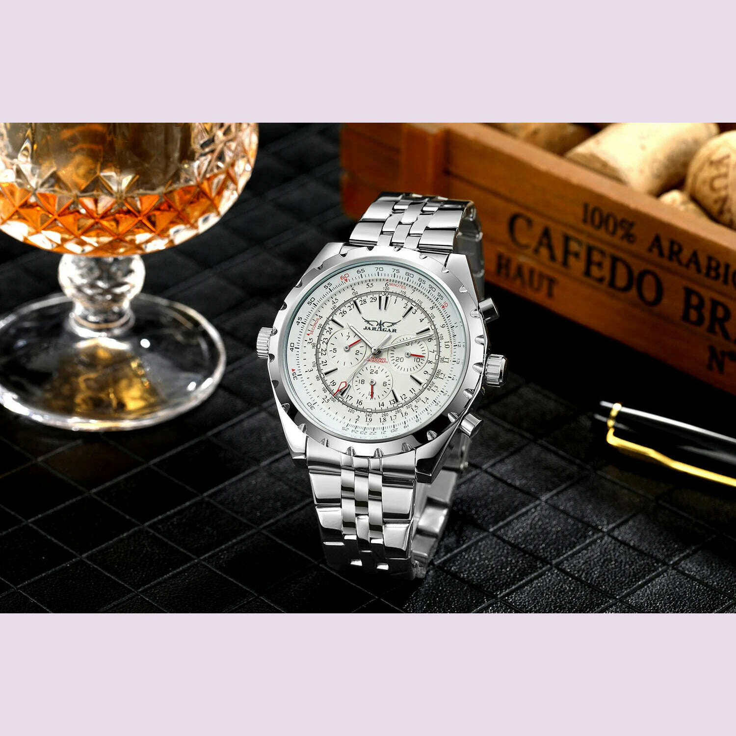 KIMLUD, JARAGAR Silver watch European fashion style mechanical movement mechanical watch Gear round steel strap wrist watch, KIMLUD Womens Clothes