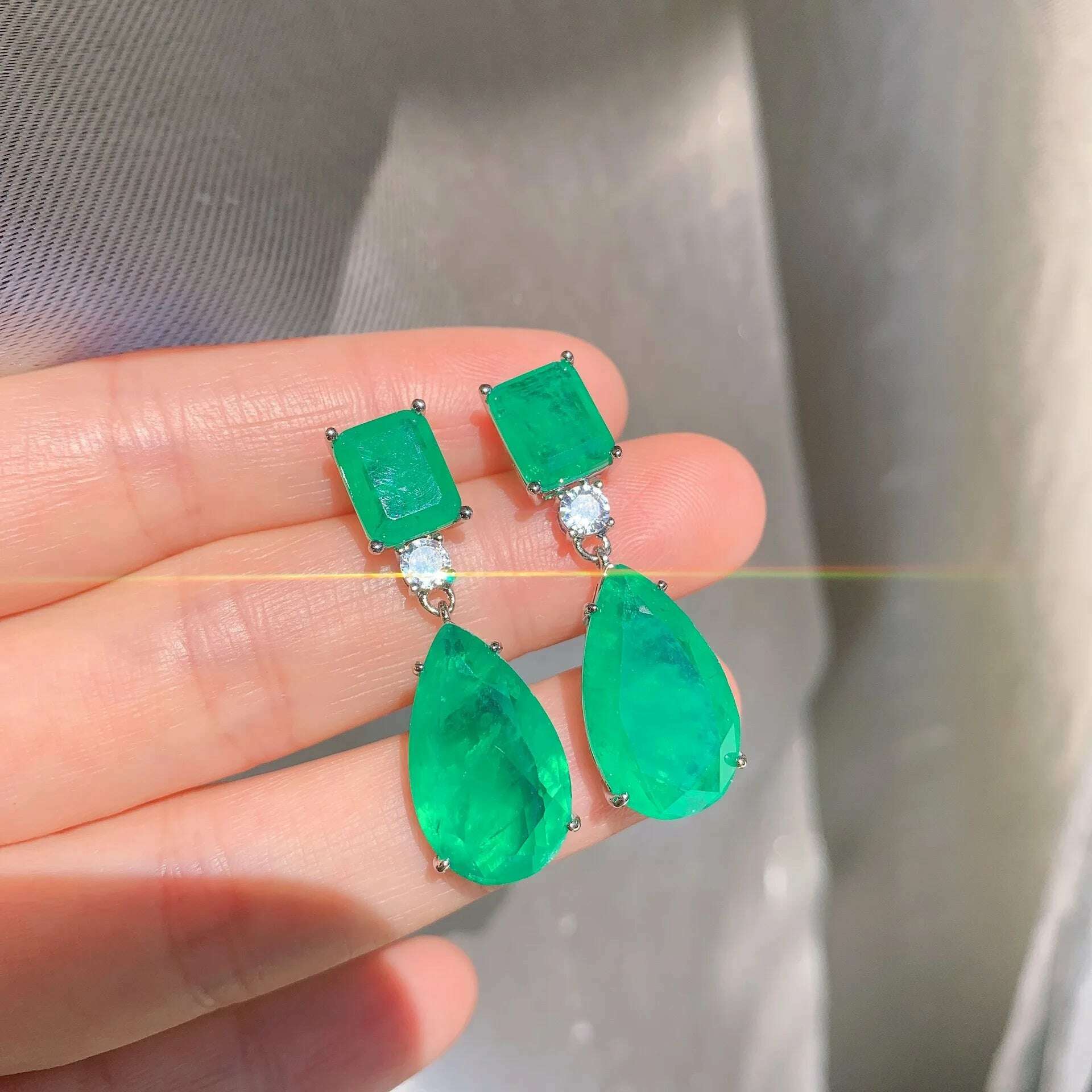 JitDoo Trend Earrings for Women Paraiba Tourmaline Emerald Gemstone Big Drop Earrings Cocktail Party Fine Jewelry Female Gift - KIMLUD