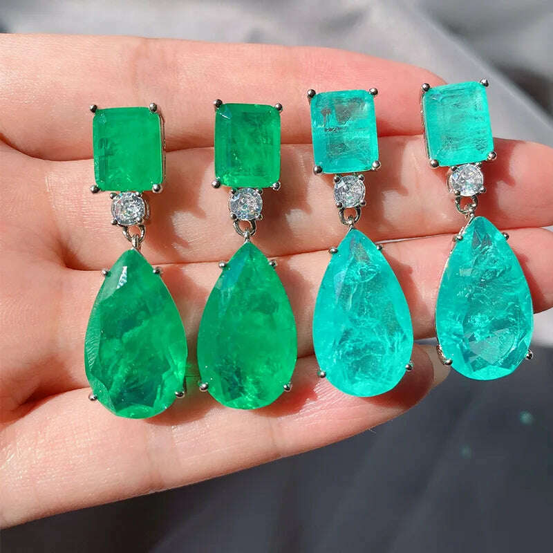 JitDoo Trend Earrings for Women Paraiba Tourmaline Emerald Gemstone Big Drop Earrings Cocktail Party Fine Jewelry Female Gift - KIMLUD
