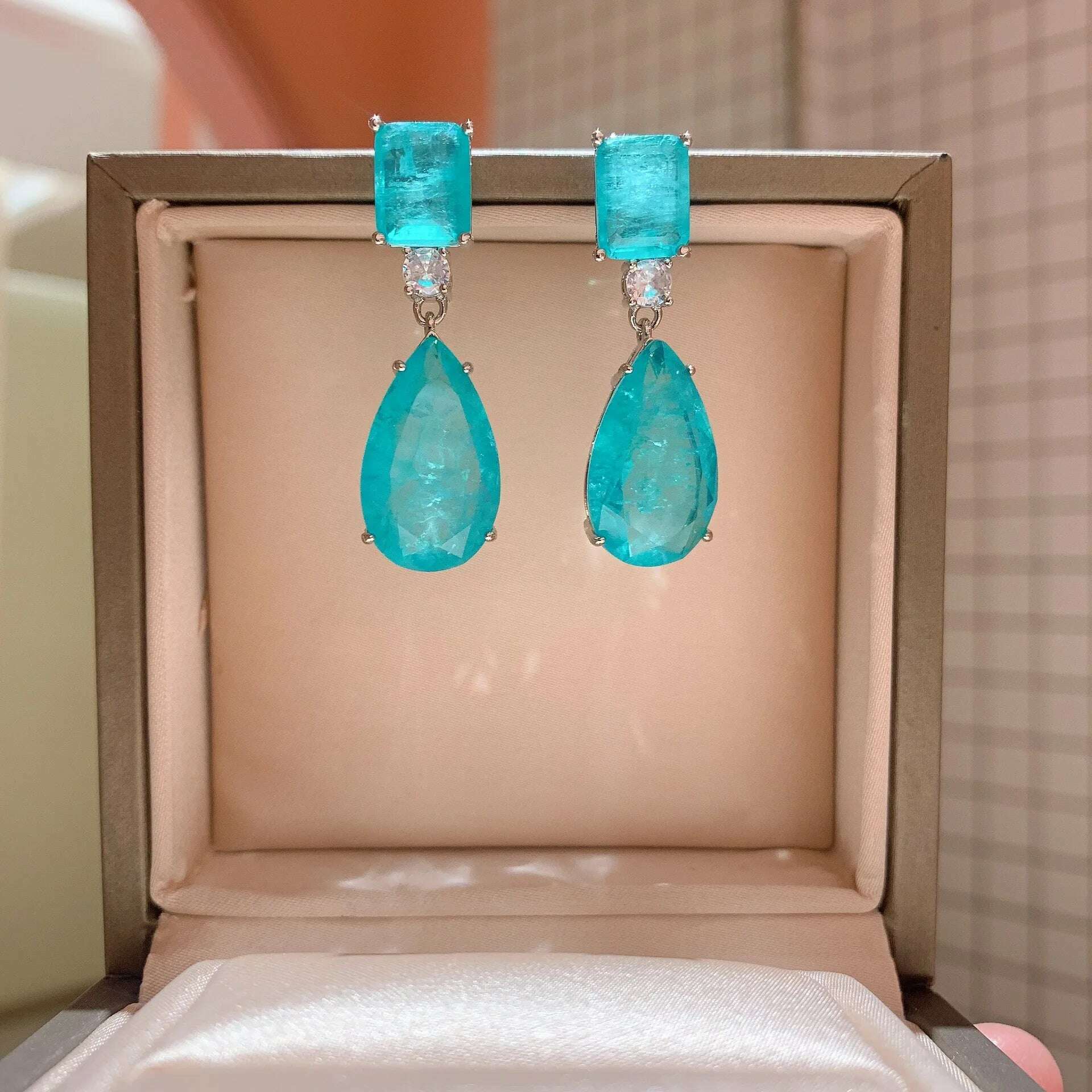 JitDoo Trend Earrings for Women Paraiba Tourmaline Emerald Gemstone Big Drop Earrings Cocktail Party Fine Jewelry Female Gift - KIMLUD