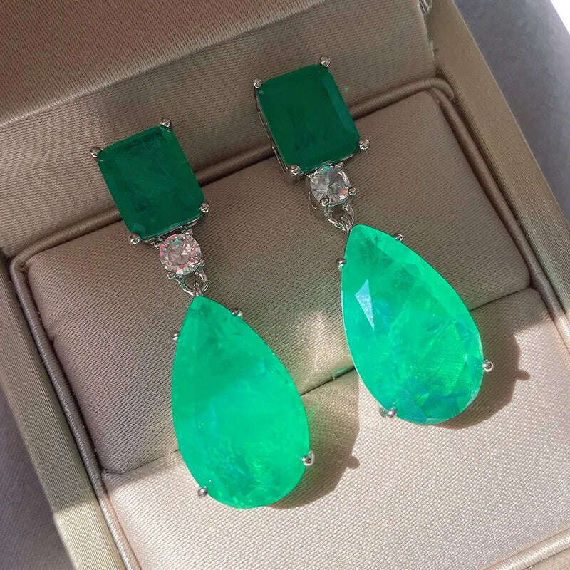 JitDoo Trend Earrings for Women Paraiba Tourmaline Emerald Gemstone Big Drop Earrings Cocktail Party Fine Jewelry Female Gift - KIMLUD