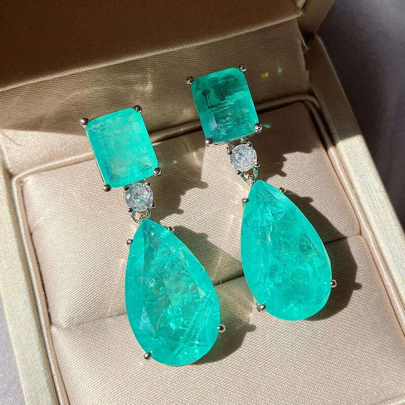 JitDoo Trend Earrings for Women Paraiba Tourmaline Emerald Gemstone Big Drop Earrings Cocktail Party Fine Jewelry Female Gift - KIMLUD