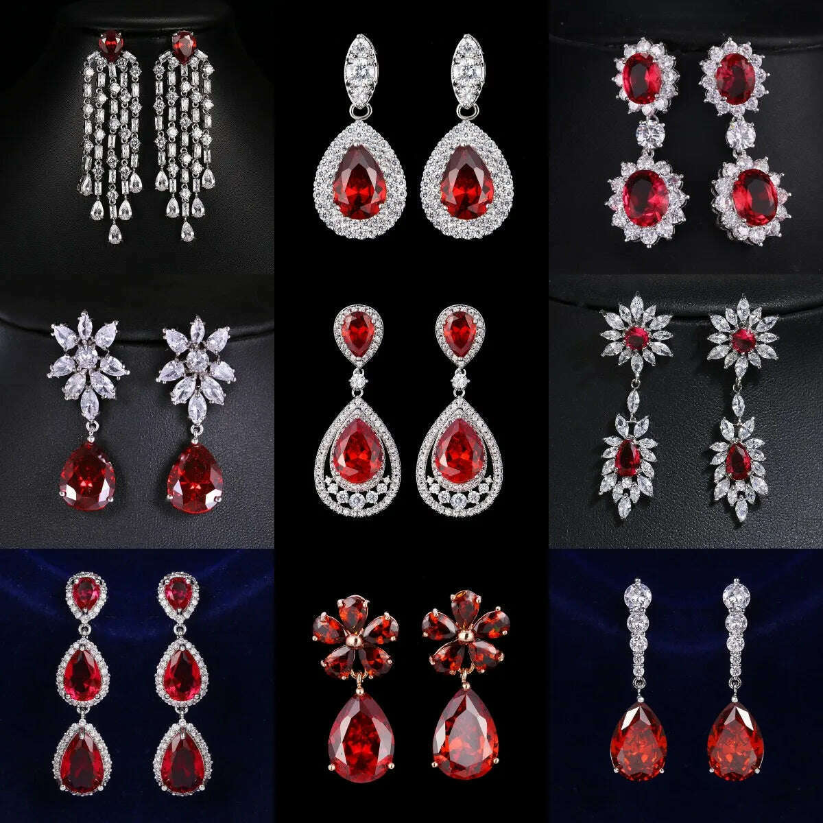 JMK Fashion Red Stone Cubic Zircon Dangle Earrings For Women Bridal Wedding Ruby Gemstone Jewelry Crystal Party Accessories Gift - KIMLUD