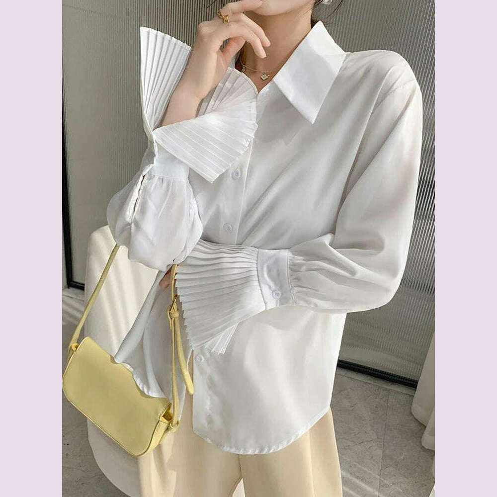 KIMLUD, Jmprs Designed Women Flare Sleeve Women Shirts Office Ladies White Korean Fashion Fall Tops Elegant Button Up Female Shirt, KIMLUD Womens Clothes