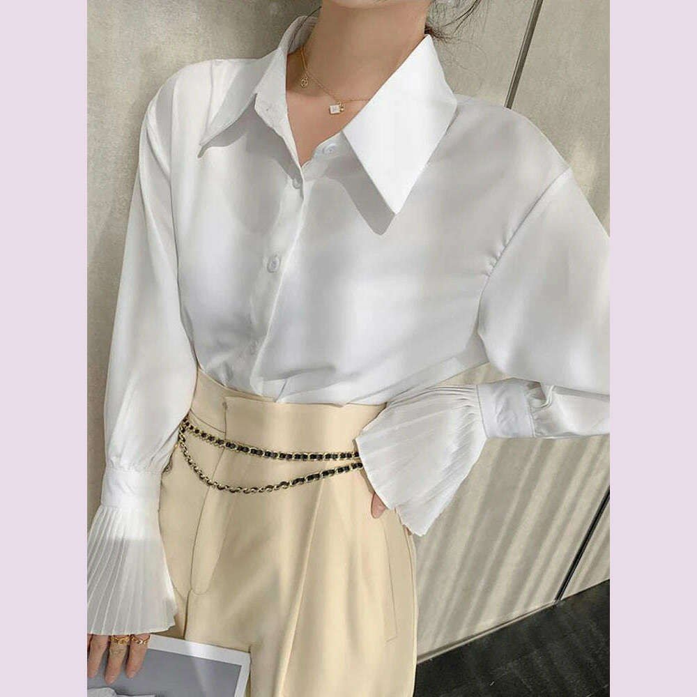 KIMLUD, Jmprs Designed Women Flare Sleeve Women Shirts Office Ladies White Korean Fashion Fall Tops Elegant Button Up Female Shirt, KIMLUD Womens Clothes