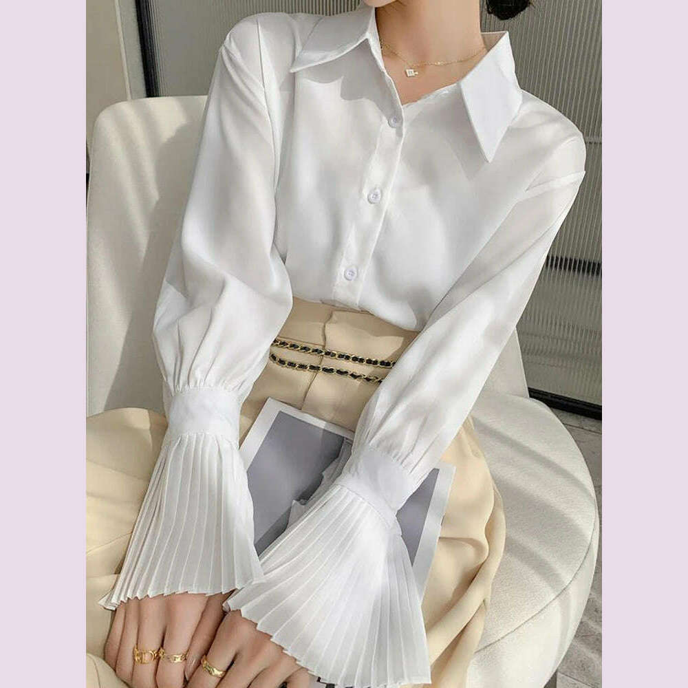 KIMLUD, Jmprs Designed Women Flare Sleeve Women Shirts Office Ladies White Korean Fashion Fall Tops Elegant Button Up Female Shirt, KIMLUD Womens Clothes