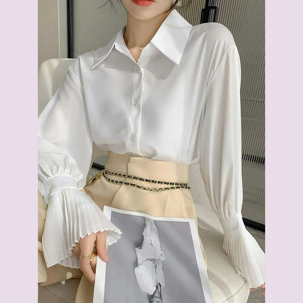 KIMLUD, Jmprs Designed Women Flare Sleeve Women Shirts Office Ladies White Korean Fashion Fall Tops Elegant Button Up Female Shirt, KIMLUD Womens Clothes