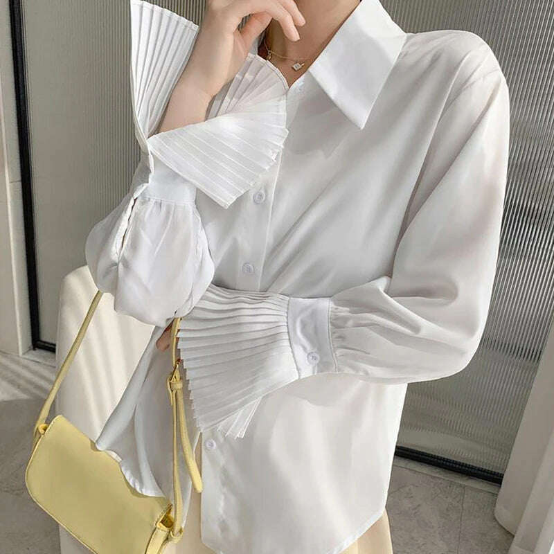 KIMLUD, Jmprs Designed Women Flare Sleeve Women Shirts Office Ladies White Korean Fashion Fall Tops Elegant Button Up Female Shirt, KIMLUD Womens Clothes