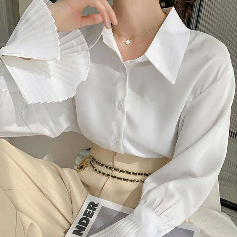KIMLUD, Jmprs Designed Women Flare Sleeve Women Shirts Office Ladies White Korean Fashion Fall Tops Elegant Button Up Female Shirt, KIMLUD Womens Clothes