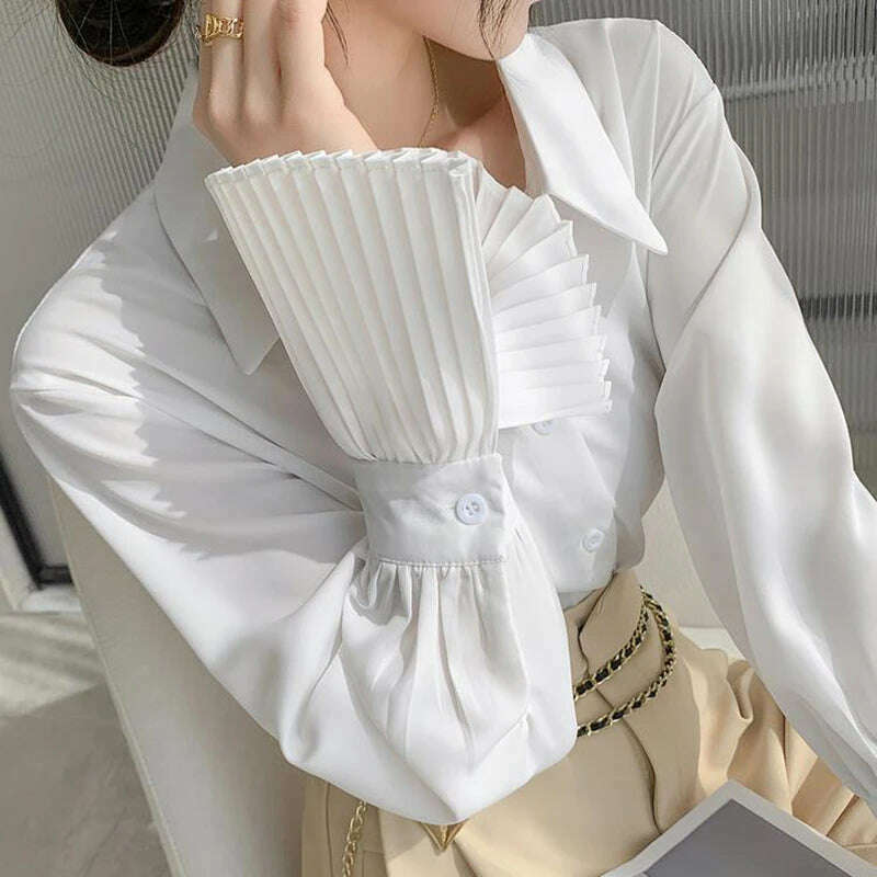 KIMLUD, Jmprs Designed Women Flare Sleeve Women Shirts Office Ladies White Korean Fashion Fall Tops Elegant Button Up Female Shirt, KIMLUD Womens Clothes