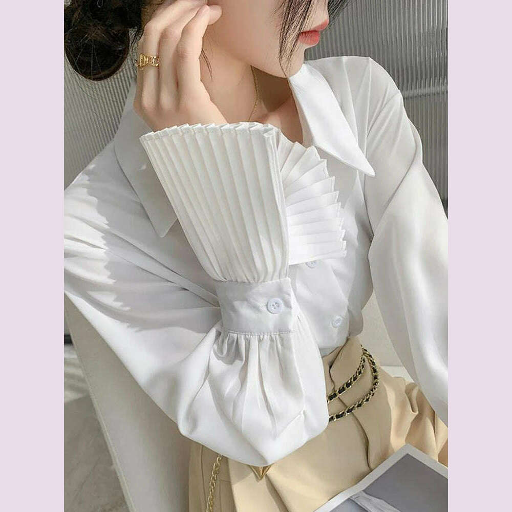 KIMLUD, Jmprs Designed Women Flare Sleeve Women Shirts Office Ladies White Korean Fashion Fall Tops Elegant Button Up Female Shirt, WHITE / S 40-45KG, KIMLUD APPAREL - Womens Clothes