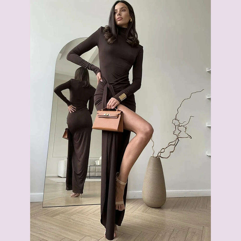 JULISSA MO Sexy High Slit Bandage Women Long Dress Black Turtleneck Long Sleeve Dress Female Winter Slim Elegant Women Clothing - KIMLUD