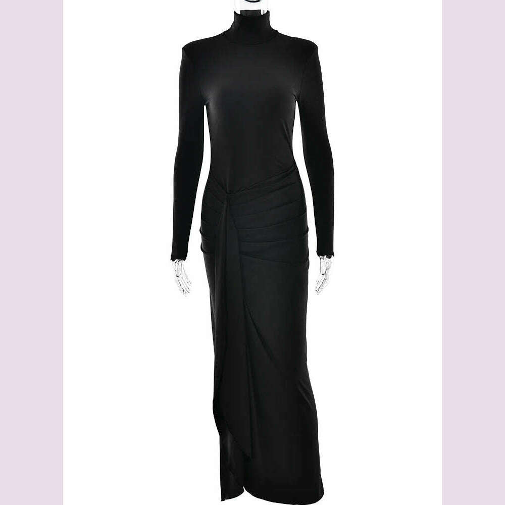 JULISSA MO Sexy High Slit Bandage Women Long Dress Black Turtleneck Long Sleeve Dress Female Winter Slim Elegant Women Clothing - KIMLUD