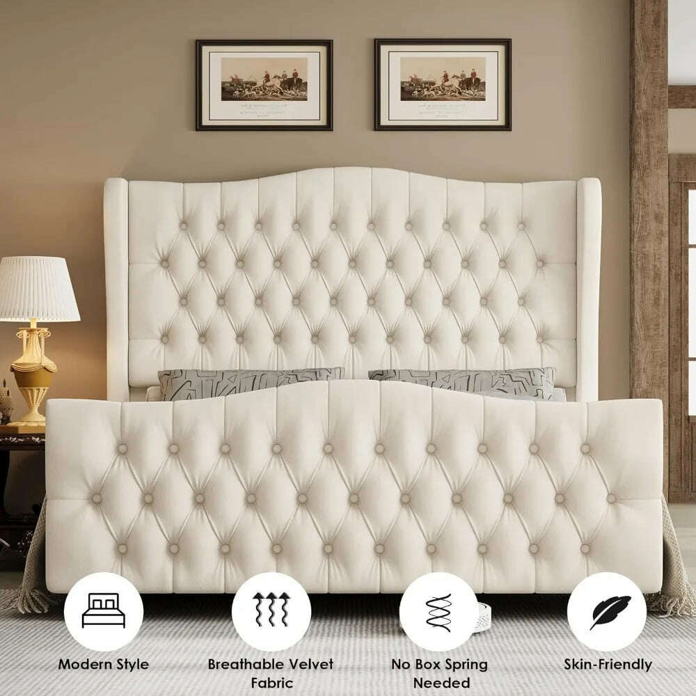 King Bed Frame with Velvet Upholstered Deep Button Tufted Wingback Headboard and Footboard, No Box Spring Needed, King Bed Frame - KIMLUD