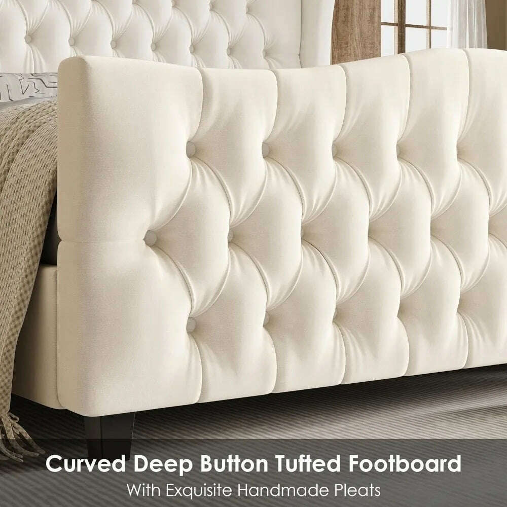 King Bed Frame with Velvet Upholstered Deep Button Tufted Wingback Headboard and Footboard, No Box Spring Needed, King Bed Frame - KIMLUD