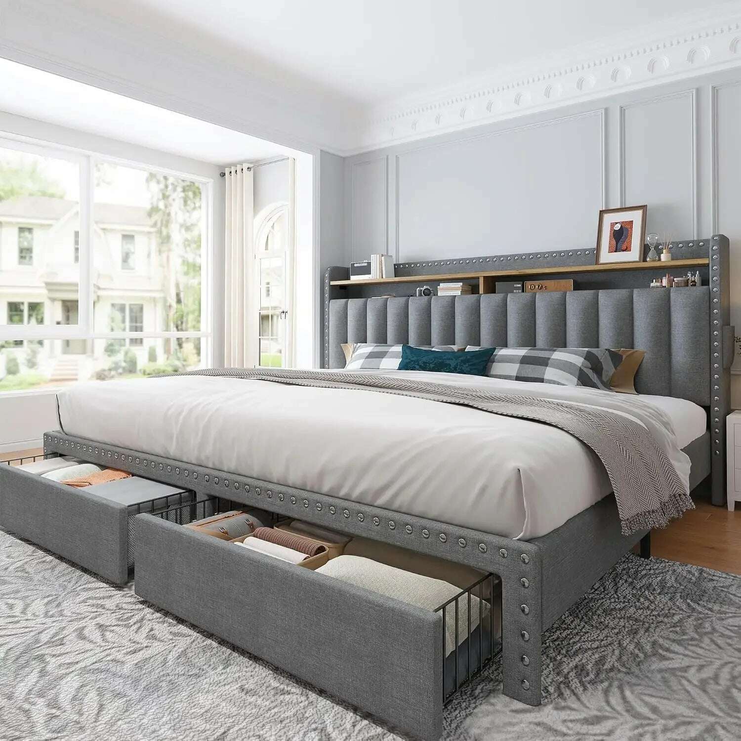 KIMLUD, King Size Bed Frame with Storage and Headboard, Upholstered King Bed Frame with Storage, Grey King Bed Frame, United States, KIMLUD APPAREL - Womens Clothes
