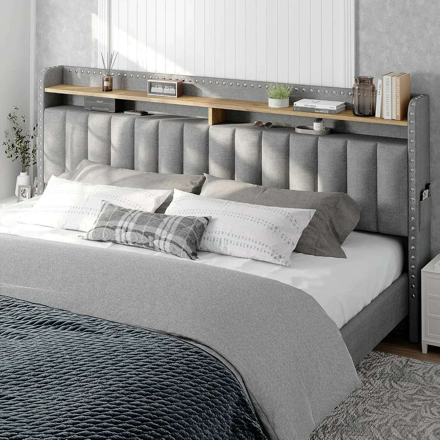 KIMLUD, King Size Bed Frame with Storage and Headboard, Upholstered King Bed Frame with Storage, Grey King Bed Frame, KIMLUD Womens Clothes