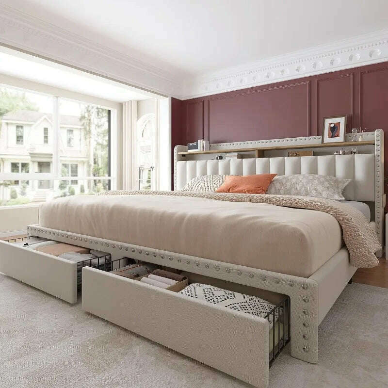 KIMLUD, King Size Bed Frame with Storage and Headboard, Upholstered King Bed Frame with Storage, King Bed Frame, United States, KIMLUD APPAREL - Womens Clothes