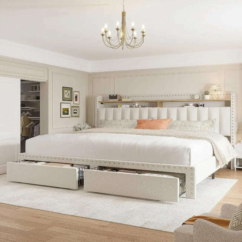 KIMLUD, King Size Bed Frame with Storage and Headboard, Upholstered King Bed Frame with Storage, King Bed Frame, KIMLUD Womens Clothes