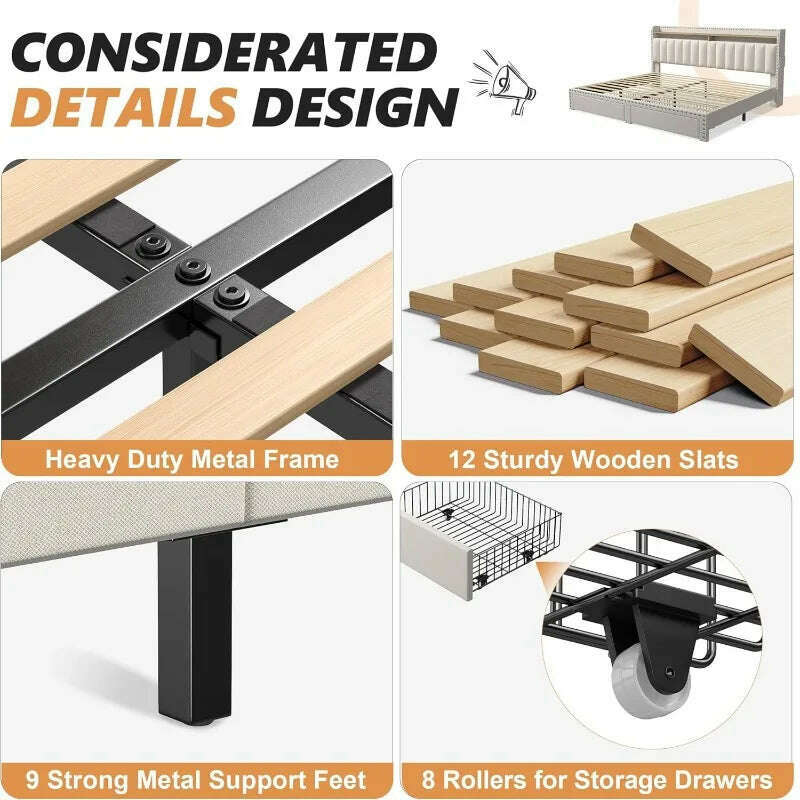 KIMLUD, King Size Bed Frame with Storage and Headboard, Upholstered King Bed Frame with Storage, King Bed Frame, KIMLUD Womens Clothes