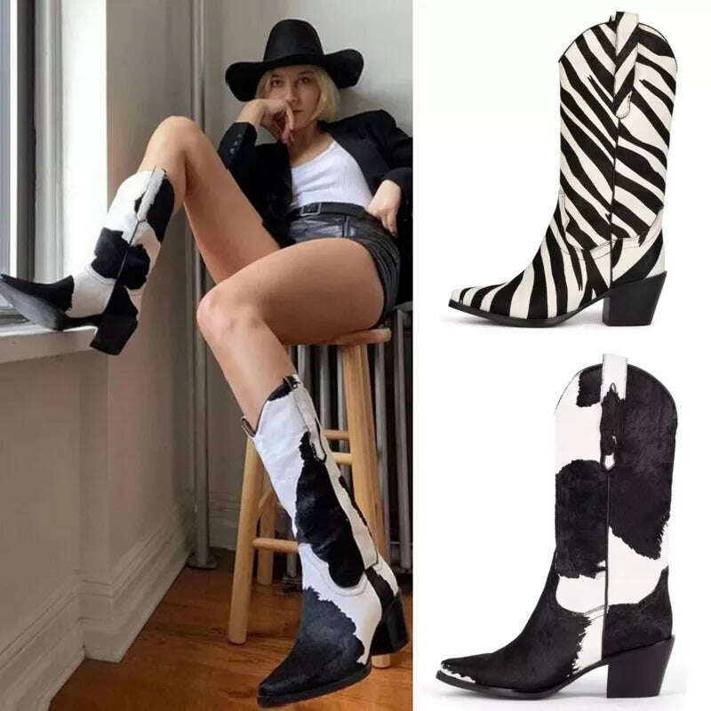Knee-Length Elastic Rider Boots Round Heel Square Toe Western Boots Plus Size Knee-High Women's Boots - KIMLUD