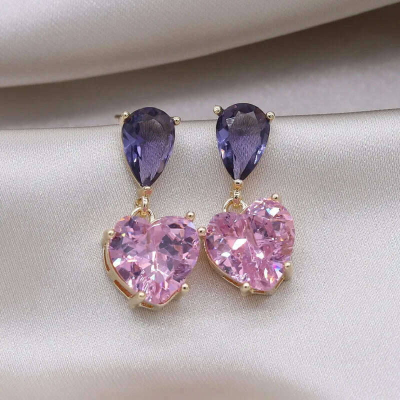 Korea New Design Fashion Jewelry Simple Purple Crystal Water Drops Pink Zircon Love Pendant Earrings Sweet Women's Party Earring - KIMLUD