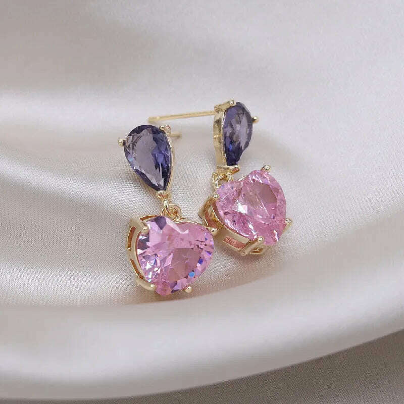 Korea New Design Fashion Jewelry Simple Purple Crystal Water Drops Pink Zircon Love Pendant Earrings Sweet Women's Party Earring - KIMLUD