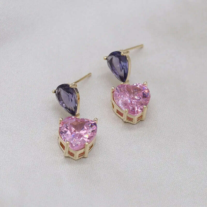 Korea New Design Fashion Jewelry Simple Purple Crystal Water Drops Pink Zircon Love Pendant Earrings Sweet Women's Party Earring - KIMLUD