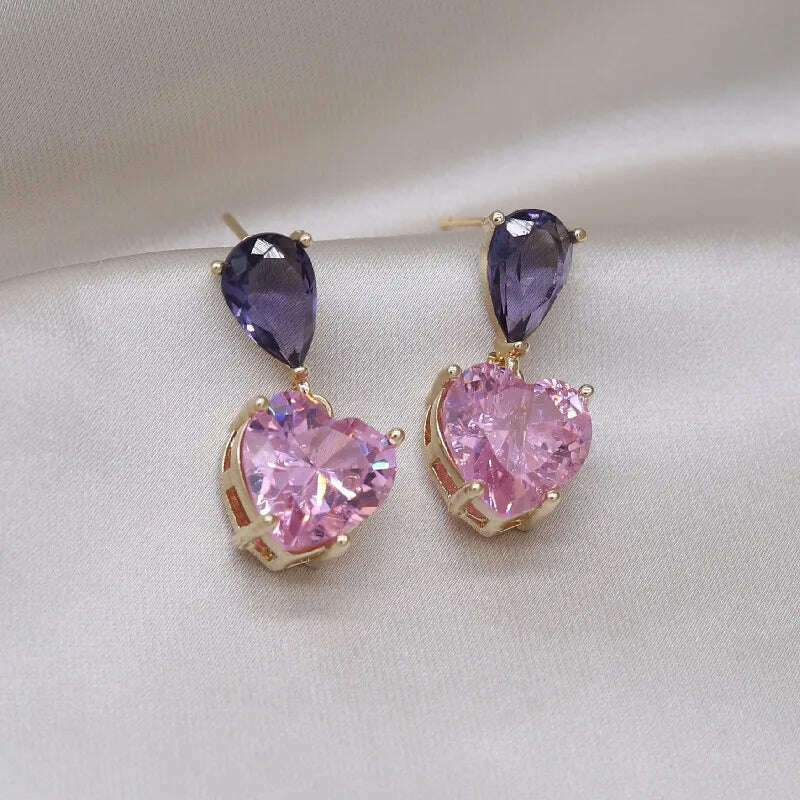 Korea New Design Fashion Jewelry Simple Purple Crystal Water Drops Pink Zircon Love Pendant Earrings Sweet Women's Party Earring - KIMLUD