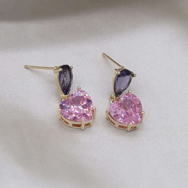 Korea New Design Fashion Jewelry Simple Purple Crystal Water Drops Pink Zircon Love Pendant Earrings Sweet Women's Party Earring - KIMLUD