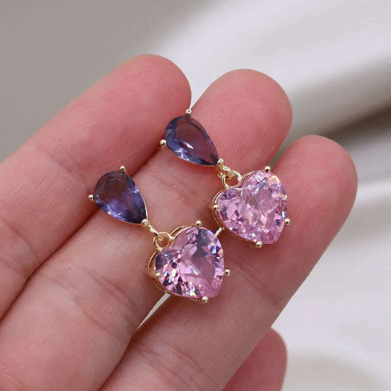 Korea New Design Fashion Jewelry Simple Purple Crystal Water Drops Pink Zircon Love Pendant Earrings Sweet Women's Party Earring - KIMLUD