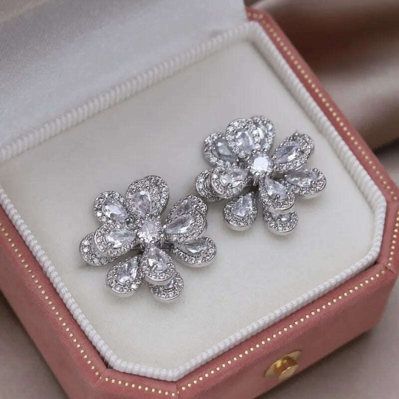 Korea's new fashion jewelry 14K gold plated luxury double-layer color zircon flower earrings elegant women's party accessories - KIMLUD